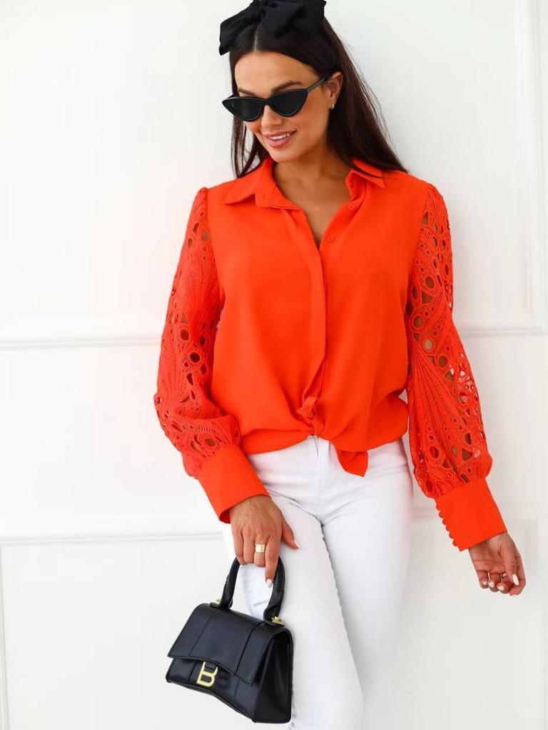 2024 Damen Spitzen-Patchwork Locker geschnittene Lochmusterbluse