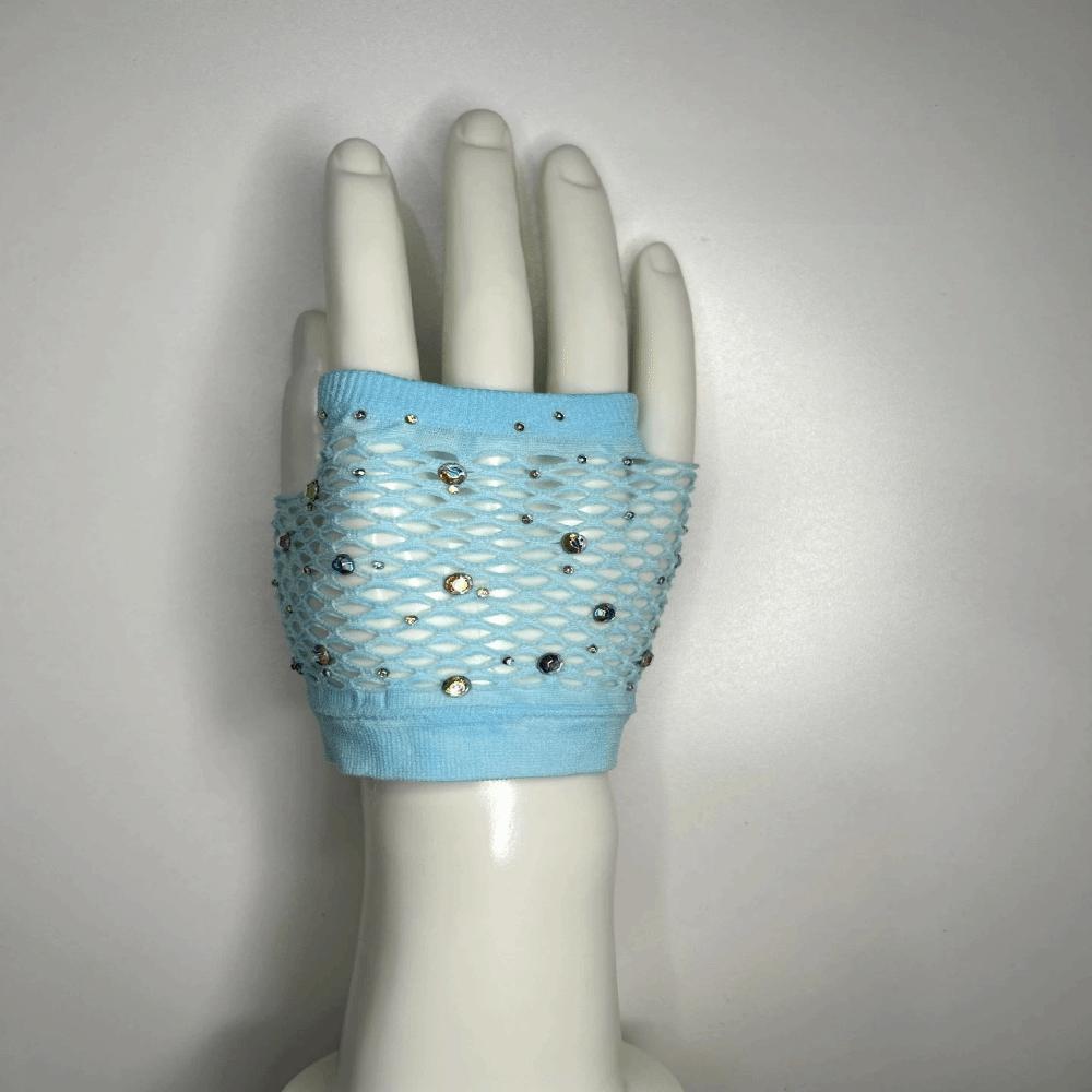 Elastic Rhinestone Gloves Black White Mesh Lace Gloves Short Fishnet Fingerless Gloves  Dance Wear Short Light Blue