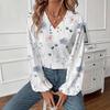 Ladies Autumn Winter Long Sleeve V Neck Flower Pullover  Shirt Top