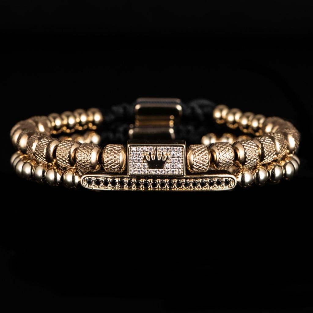 2-piece Set European and American Micro-inlaid Zircon Square Crown Stainless Steel Beaded Pineapple Bead Men's Bracelet Set