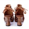 Fashion High Brand 7.7CM Sheepskin Leather Woman Ethnic Summer Chunky Heels Big Size Peep Toe Pumps Cross-tied Sandals Moccasins Shoes