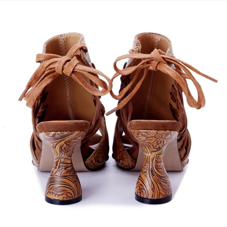 Fashion High Brand 7.7CM Sheepskin Leather Woman Ethnic Summer Chunky Heels Big Size Peep Toe Pumps Cross-tied Sandals Moccasins Shoes