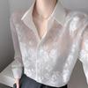 Camicetta da donna jacquard floreale trasparente a maniche lunghe con bottoni