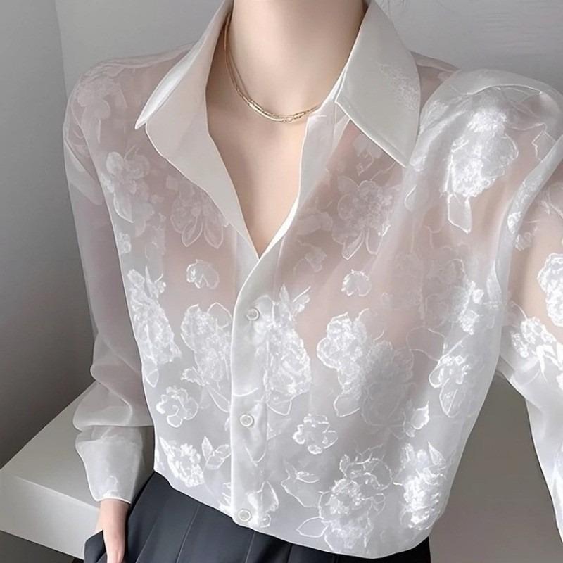 Women Floral Jacquard Sheer Long Sleeve Button Up Blouse S белый