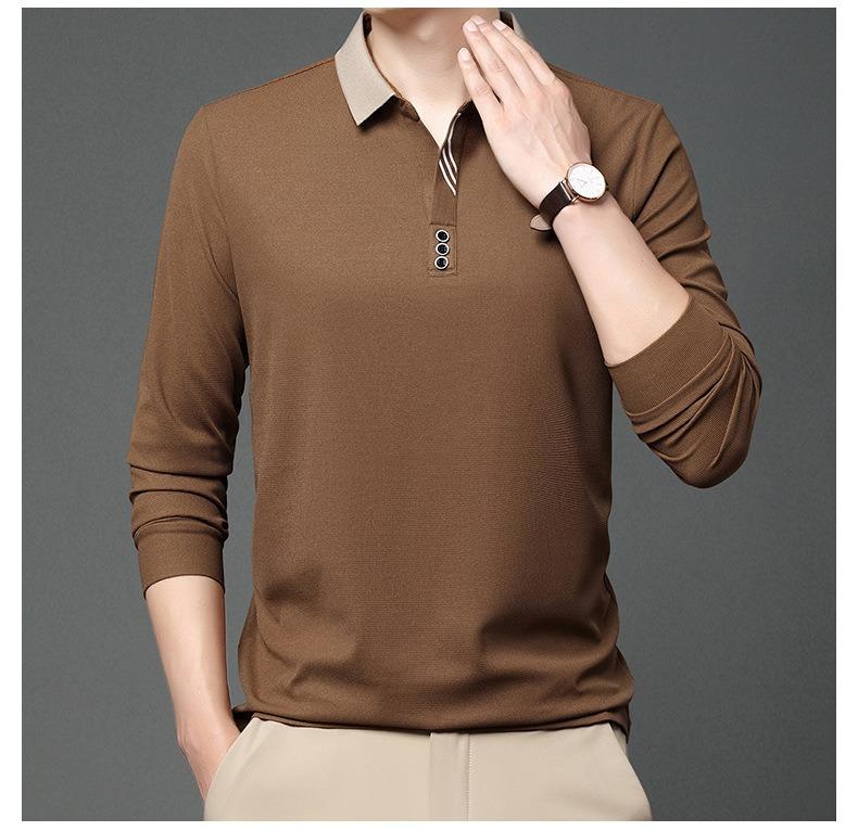 Polo de Manga Comprida Masculino de Primavera Gola Virada Cor Sólida Respirável Confortável Camisetas Casuais com Botões T-shirt Masculina