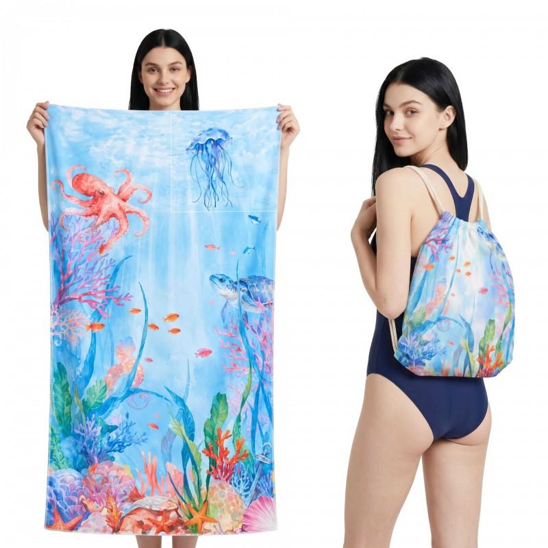 Quick-Dry Foldable Beach Towel With Carry Bag Double-Sided Plush Coconut Print Bath Travel Pool Vacation
