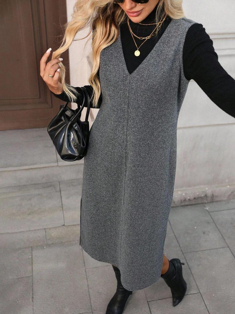 2025 Autumn/Winter Women's Knitted Strap Dress - Solid Color Long Skirt, European & American Style
