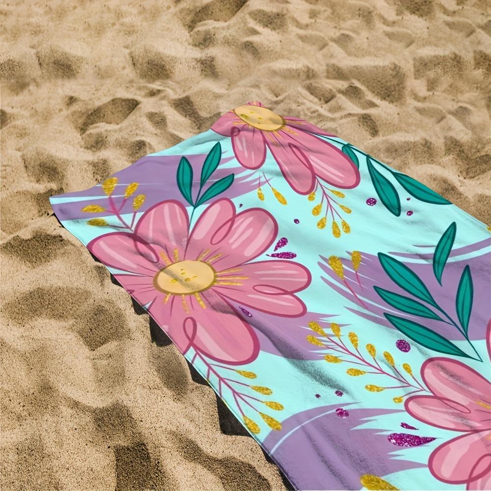 Rosa Blumenmuster mit grünen Blättern Strandtuch, Mikrofaser Weich Schnelltrocknend Saugfähig Modernes Polyester-Gestrick für Sommer Schwimmen Baden