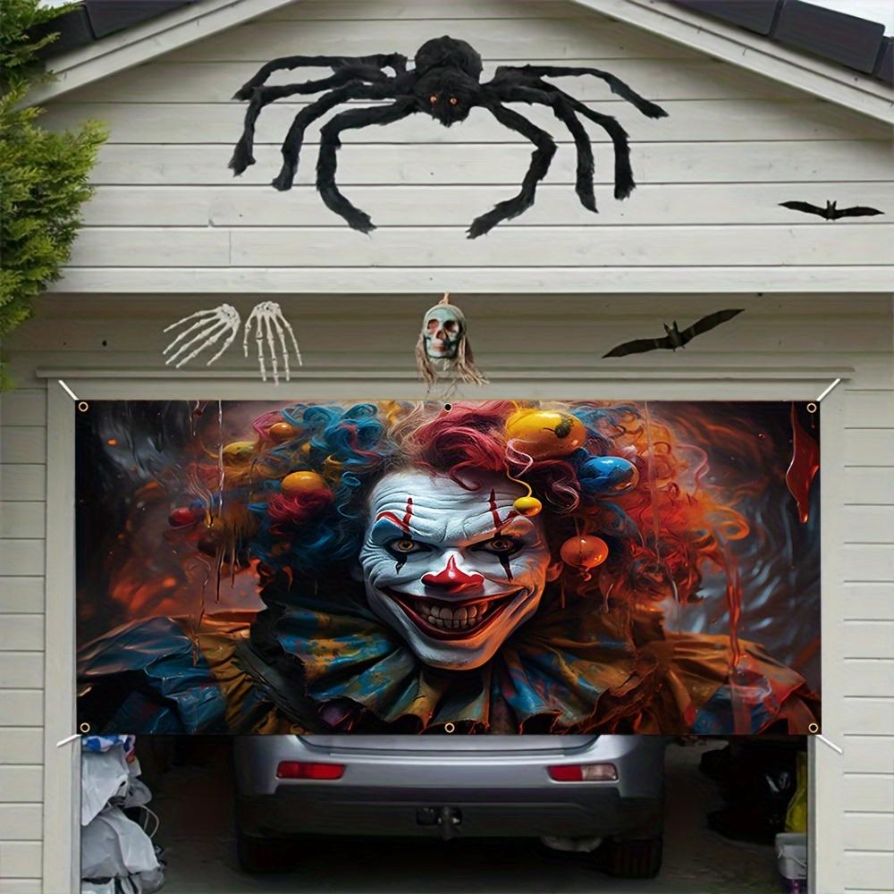 Horror-themed party background Halloween clown garage door banner creepy night entrance mural decoration