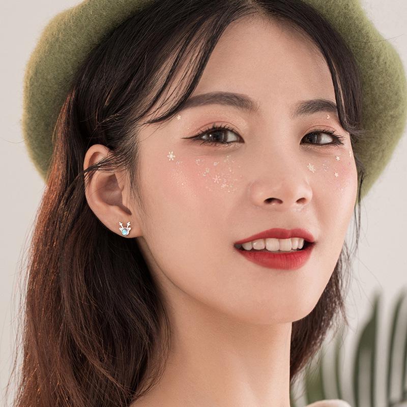 Korean-Style 2025 Reindeer Antler Stud Earrings with Moonlight Stone - Christmas Gift for Women & Students