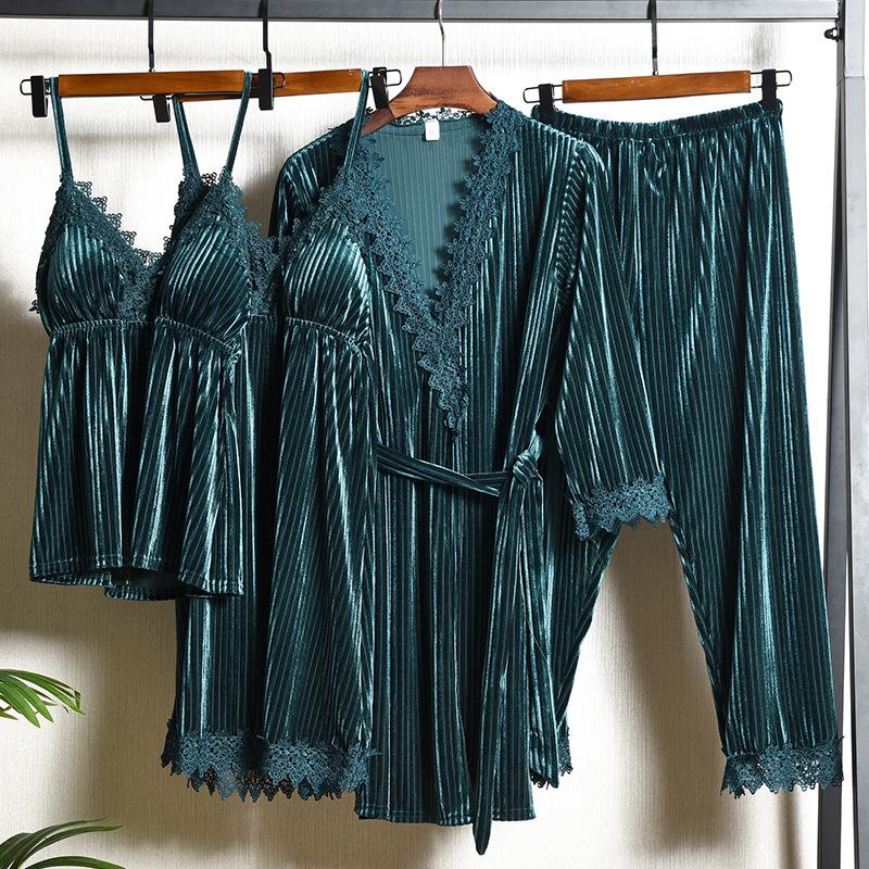 

Халат с кружевной кромкой, бархатная пижама, комплект из 4 предметов, свободная бархатная домашняя одежда, женская осенне-зимняя новая пижама, домашняя одежда 2XL