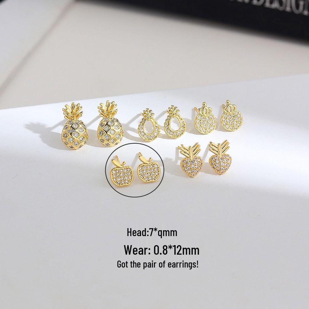 High-Grade Copper & Gold Plated Earrings: Diamond-Studded Apple, Pineapple, Crown, Pear Designs for Women