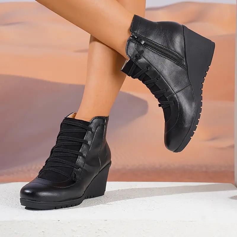 Fashion Women's Retro Platform Wedge Heel Ankle Boots Autumn Winter Cross Strap Casual Shoes Woman Plus Size Pu Leather High Heel Boots