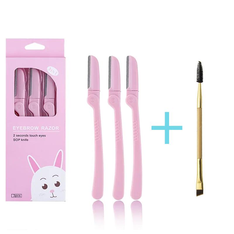 3pcs Eyebrow knife&Double headed eyebrow brush Women Face Care Hair Removal Tool Makeup Shaver Knife Eyebrow Trimmer Shaving