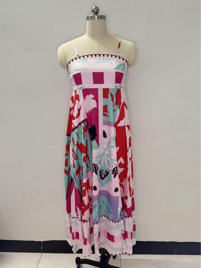 In Stock 2026: Graffiti Print Wide Hem Spaghetti Strap Dress for Women - Casual European & American Style