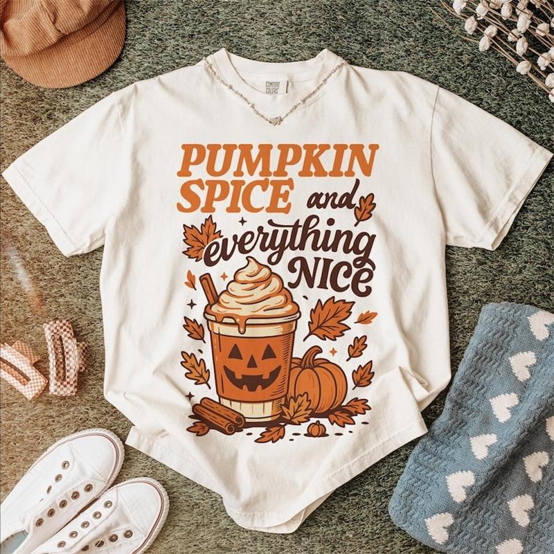Pumpkin Spice Everything Nice Graphic Print Womens TShirt Top Short Sleeve Halloween Party Womens Trendy Regular TShirt S