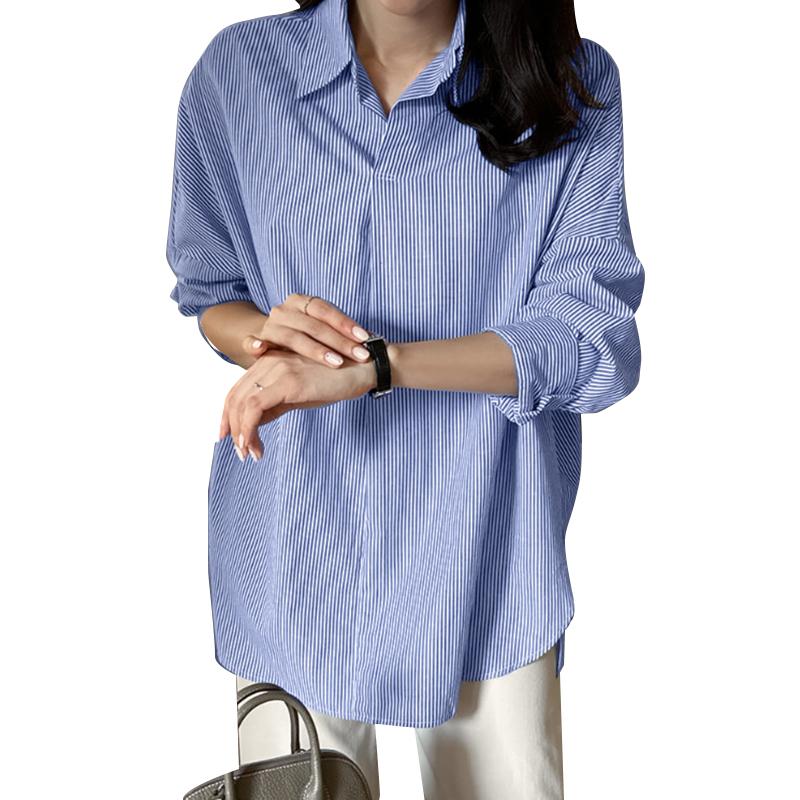 ZANZEA Women Casual Turn Down Collar Long Sleeve Stripe Blouse