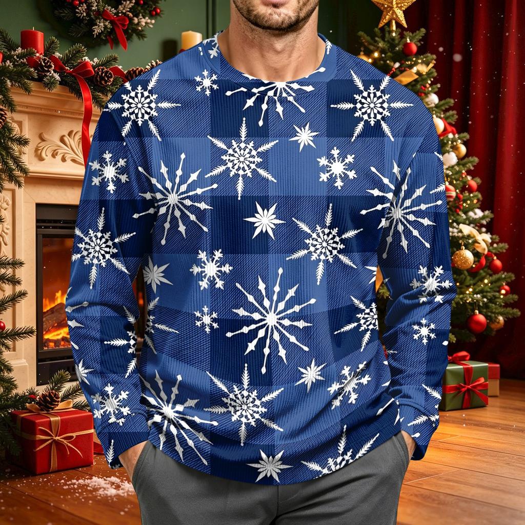 Men's Corduroy Long Sleeve Neck Shirt with Christmas Print for Holiday Casual Wear