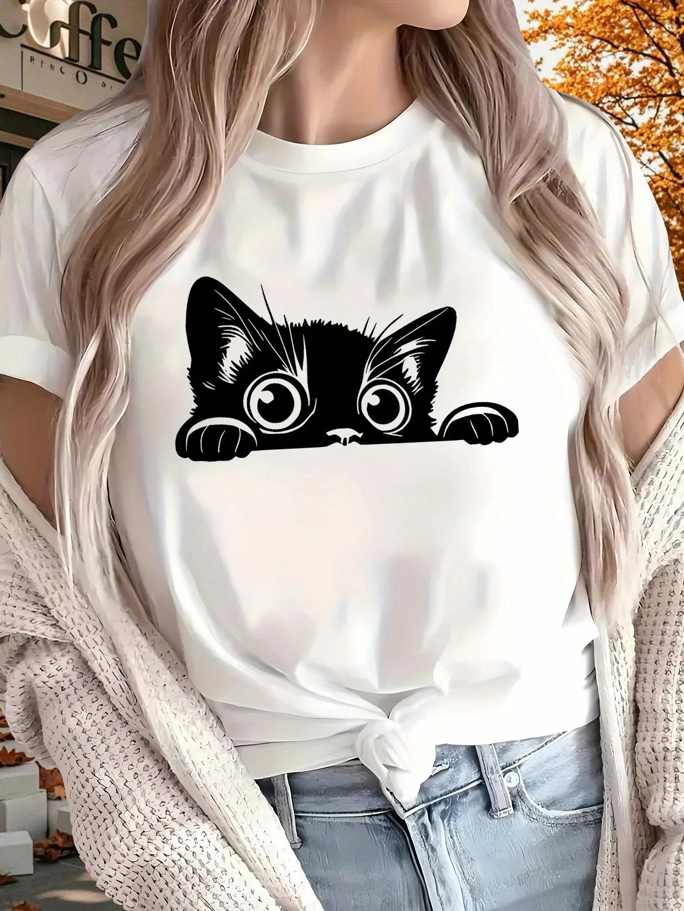 

Womens Cat Print Tshirt with Casual Minimalist Tops Short Sleeves Round Neck Comfortable and Stylish Tops S