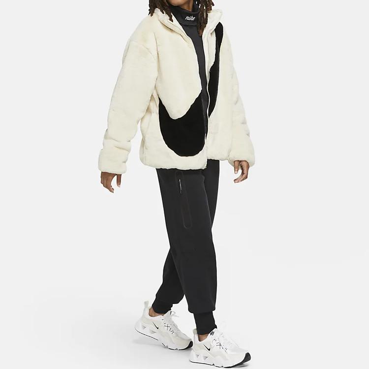 Nike Sportswear Womens Oversized Swoosh Logo Faux Fur Jacket Fossil/Black Women Streetwear CU6558-238