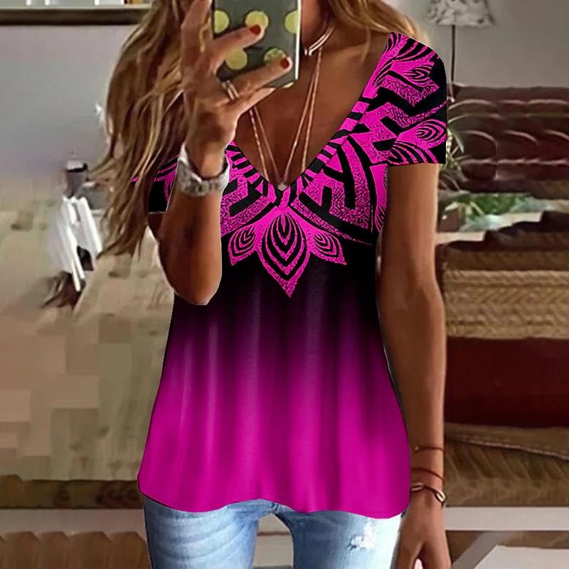 Summer V-neck 3D Printed Top Fashionable Casual Short Sleeved Women's T-shirts