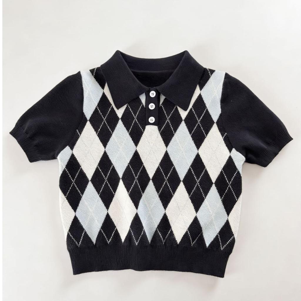 Kids Old Money Argyle Knit Polo Shirt Short Sleeve Sweater For Boys And Girls Fashionable Versatile Children Clothing