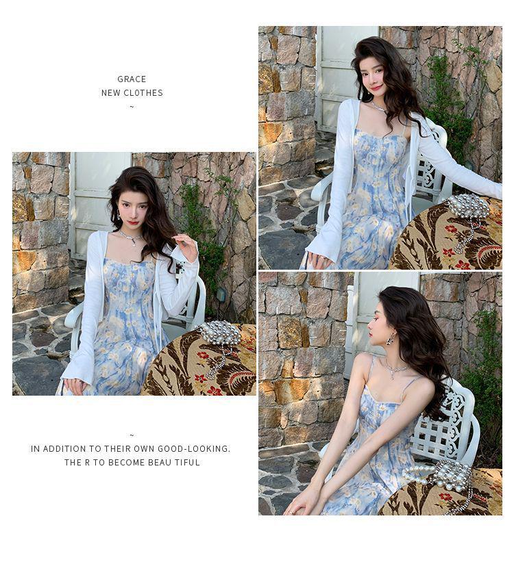 French Blue Floral Strappy Maxi Dress - Elegant Summer Beachwear