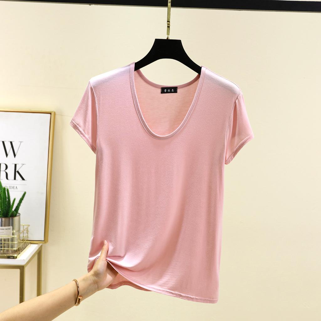 Plus Size Women's Loose U Neck Short Sleeve Modal Tee Thin Solid Color Tshirt All Match Tops M To 6XL