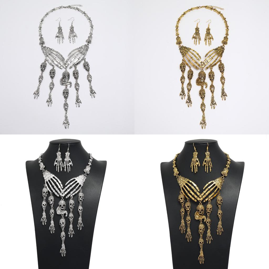 Fashion Hand Bone Women Necklace And Earring Set With Skeleton Tassel Design For Gothic Party Accessories