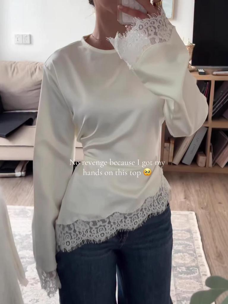 2026 Women's Solid Color Lace Long Sleeve Irregular Hem Blouse