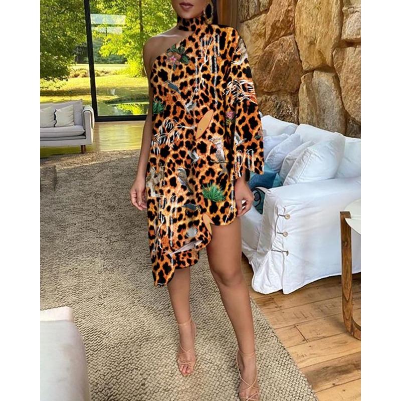 Sexy Ruffled Print One-sleeved Off-the-shoulder Dress