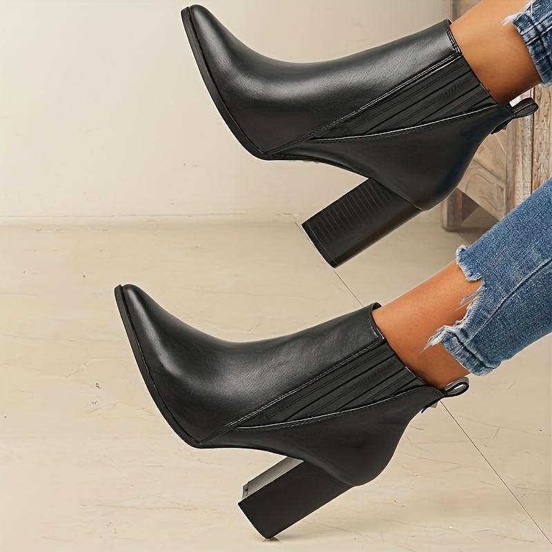 Women's Solid Color Trendy Boots, Slip On Casual Chunky Heel Ankle Boots, Point Toe Chelsea Boots