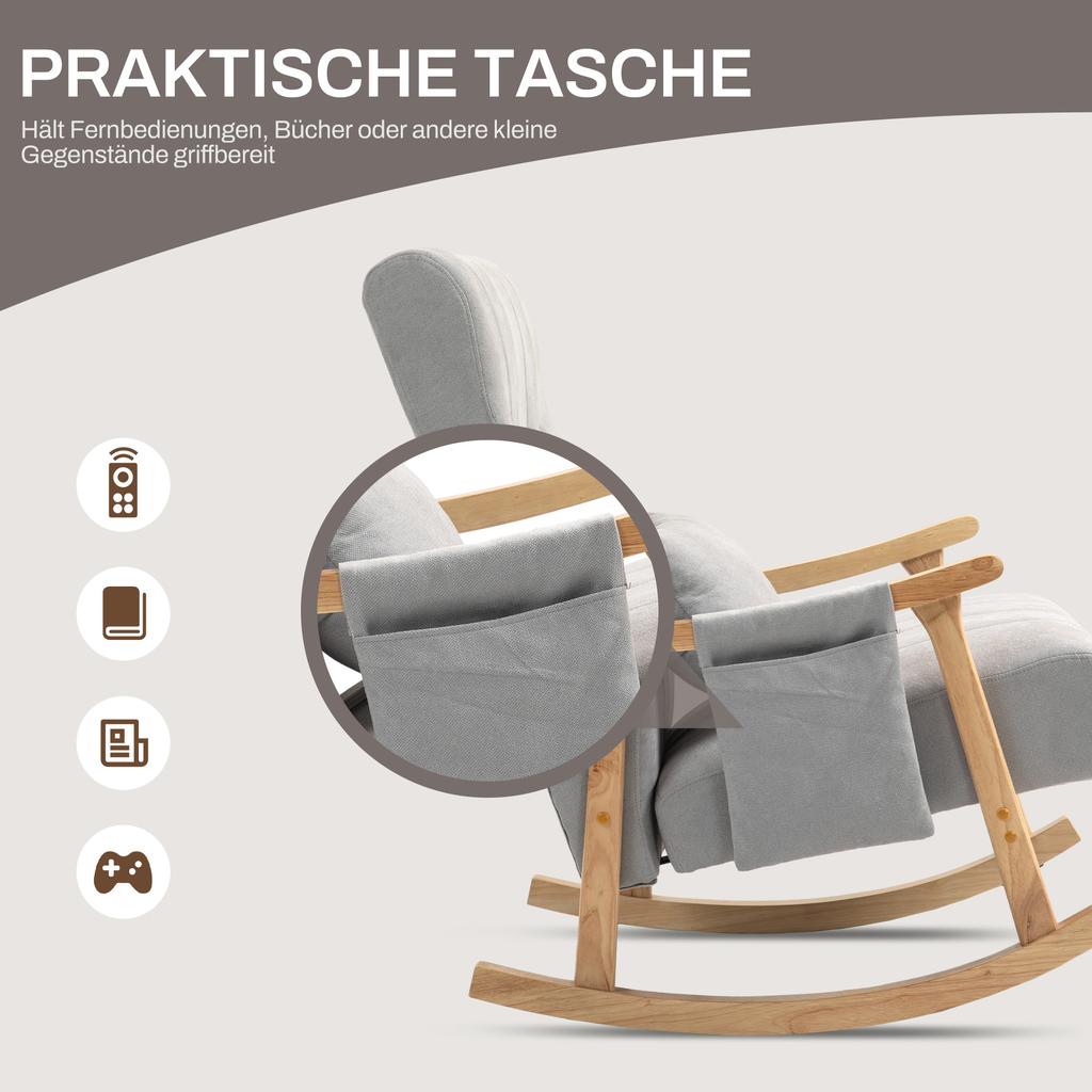 Rocking Chair with Lumbar Cushion, Wide Seat, Rubberwood Frame, Up to 120 kg, Gray