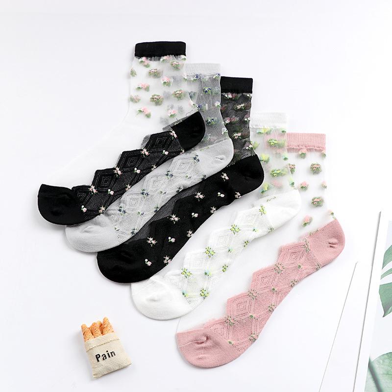 5 Pairs of Women's Spring and Summer Plus Cotton Bottom Floral Mesh Non Slip Crystal Silk Mid Tube Socks