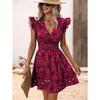 Women's Summer V-neck Waist Sexy Big Flower Ruffled Sleeveless Dress