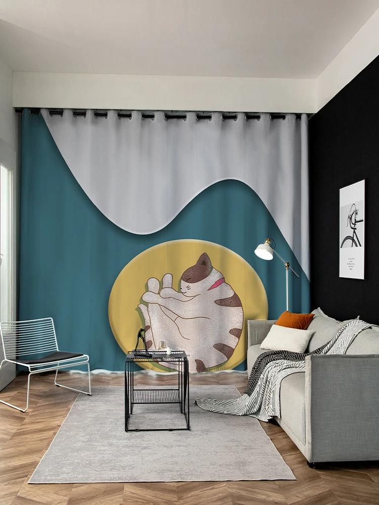 Cute Children Kitten High Shading Curtain Heat Insulation Drape Bedroom Home Living Room Bay Window Partition Curtain 2PCS