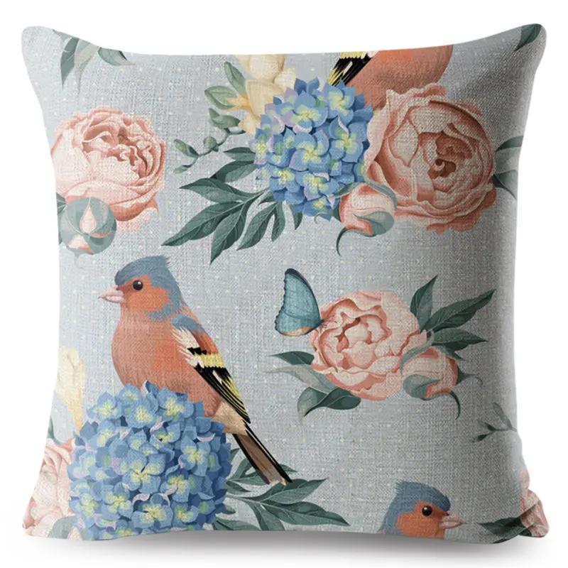 Vintage Flower Pillow Case Decor Blue Painting Flower Bird Pillowcase Polyester Cushion Cover for Sofa Car Home 45x45cm