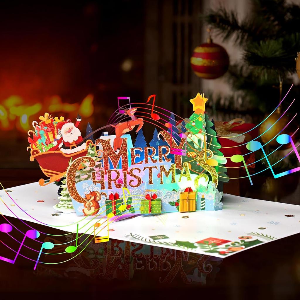 Merry Christmas Cards, Light Music Christmas Card, 3D Pop Up Xmas Card
