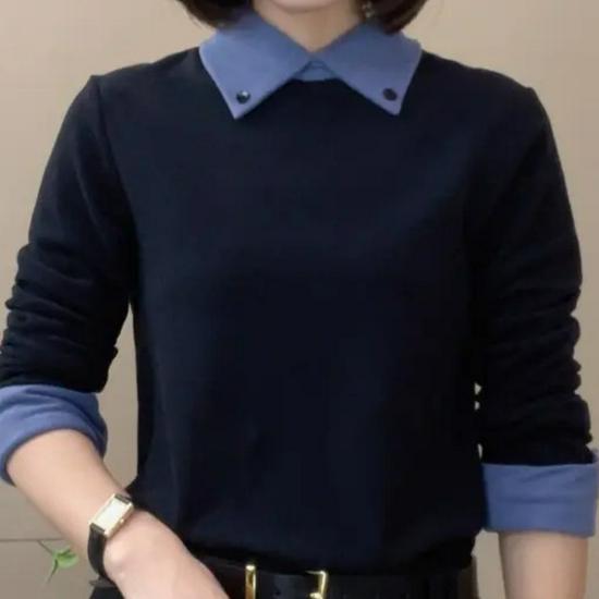 320 Autumn Winter Color Block Long Sleeve Lapel Slimming Top for Women