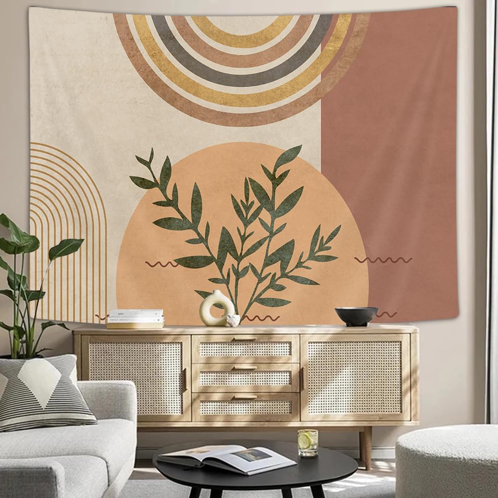 Mid Century Modern Abstracte Kunst Wandkleed, Minimalistisch Salieplant Zon Retro Boho Wandkleed, Geel Wit Bruin Geometrisch