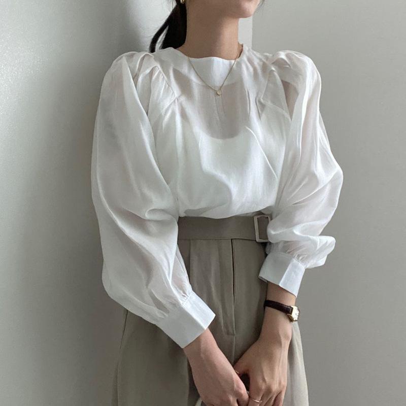 Round neck bubble sleeve shirt with early autumn temperament Korean chic French minimalist feminine top versatile shirt