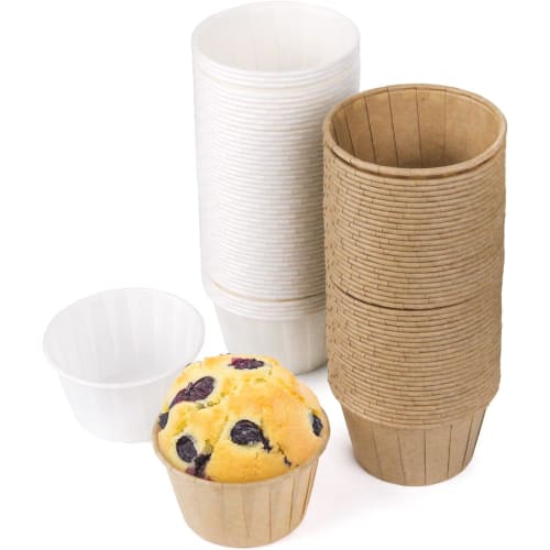 Momee Disposable Paper Muffin Cups, Cake Molds, Heat-Resistant, Oil-Resistant, Oven-Safe, Baking Supplies, Pack of 100 (50 Wood-Tone + 50 White)