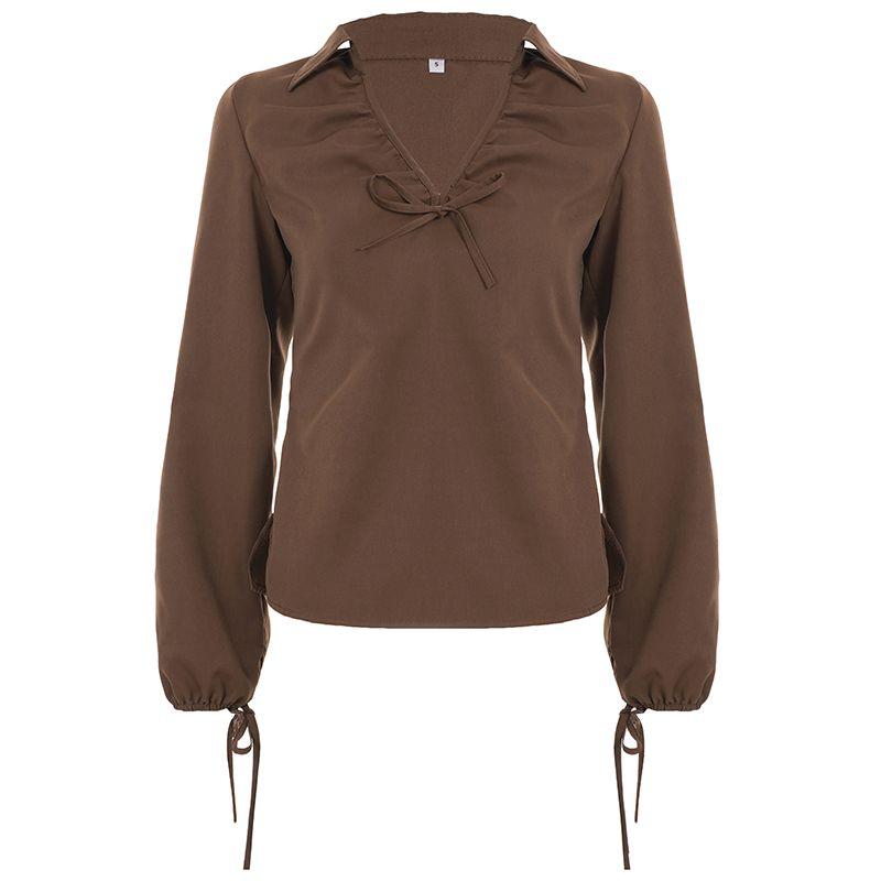 

H s European and American Women s Clothing Cold Retro V-neck Brown Lace Shirt Women s American Sexy Elegant Polo Collar Top Autumn Brown S
