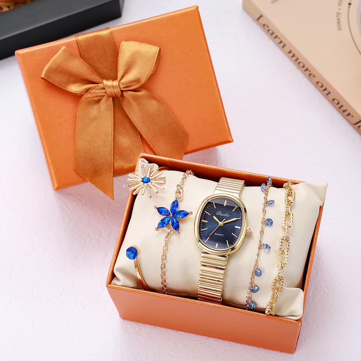 

Women s Blue Gold Diamond Quartz Watch Set Flower Star Element Bracelet Bracelet Entry Luxury Birthday Gift Exquisite Gift Box золотой
