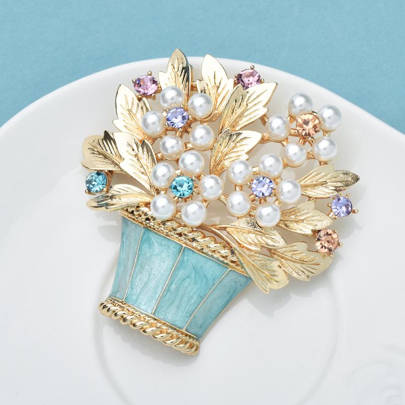 Wuli&baby Luxury Pearl Pot Flowers Brooches For Women Unisex Charming Beautiful Flower Party Office Brooch Pins Gifts Enamel Pin