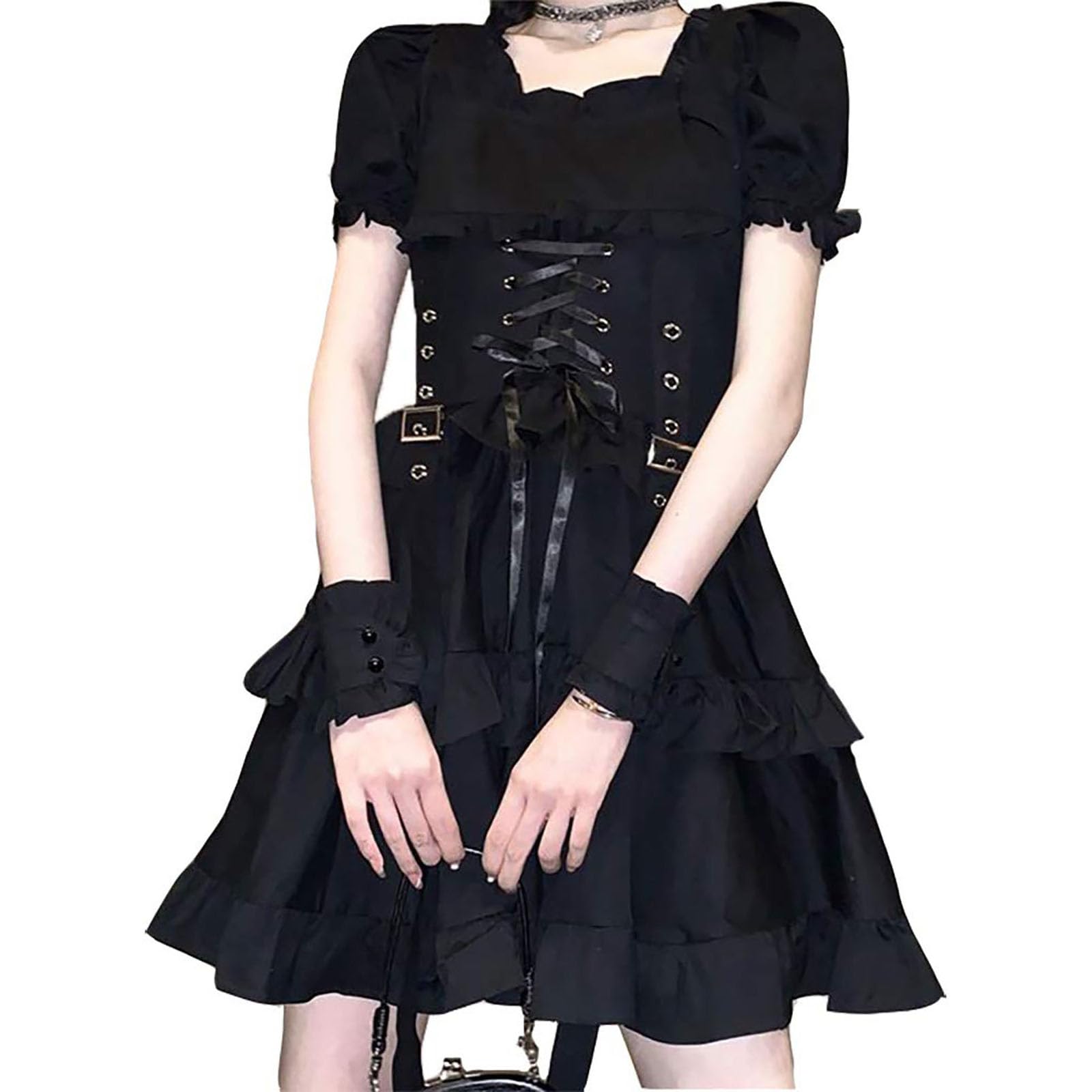 

Menhera Короткий Готический Летний Стильный [LAVASEON] Одежда, Готический, Женский, Лолита, Эластичный, Милый, Стиль Ландмайн, С оборками, Ярусный, Тонкий, А-силуэт, чёрный