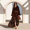 Women's Bohemian Vintage Ruffle Sleeve Velvet Panel Printed Dress for Casual Party Wear
