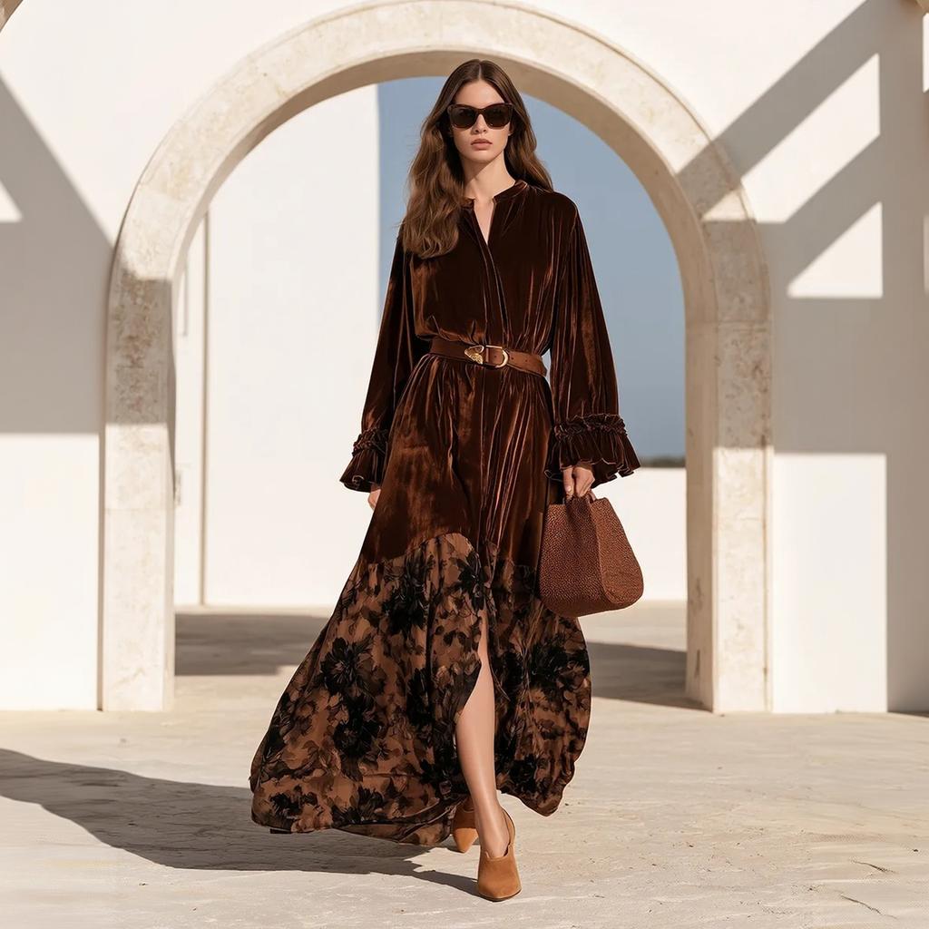 Women's Bohemian Vintage Ruffle Sleeve Velvet Panel Printed Dress for Casual Party Wear