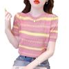 Striped Short Sleeved Knitted Shirt for Women in Summer Round Neck Top Korean Version for Women