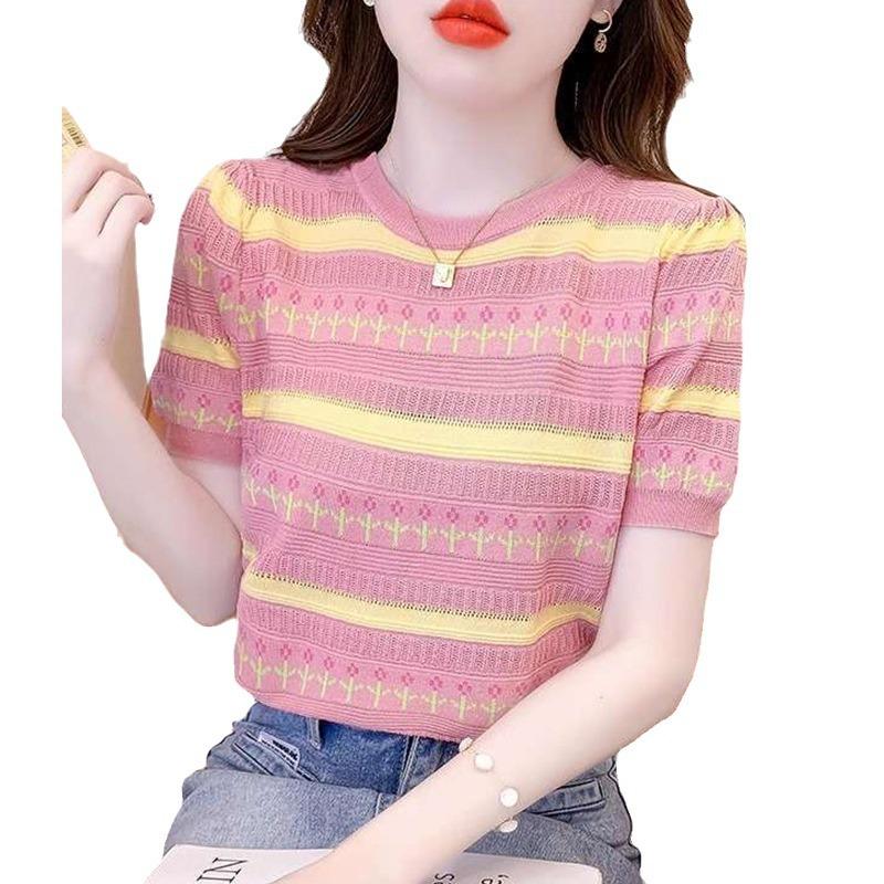 Striped Short Sleeved Knitted Shirt for Women in Summer Round Neck Top Korean Version for Women